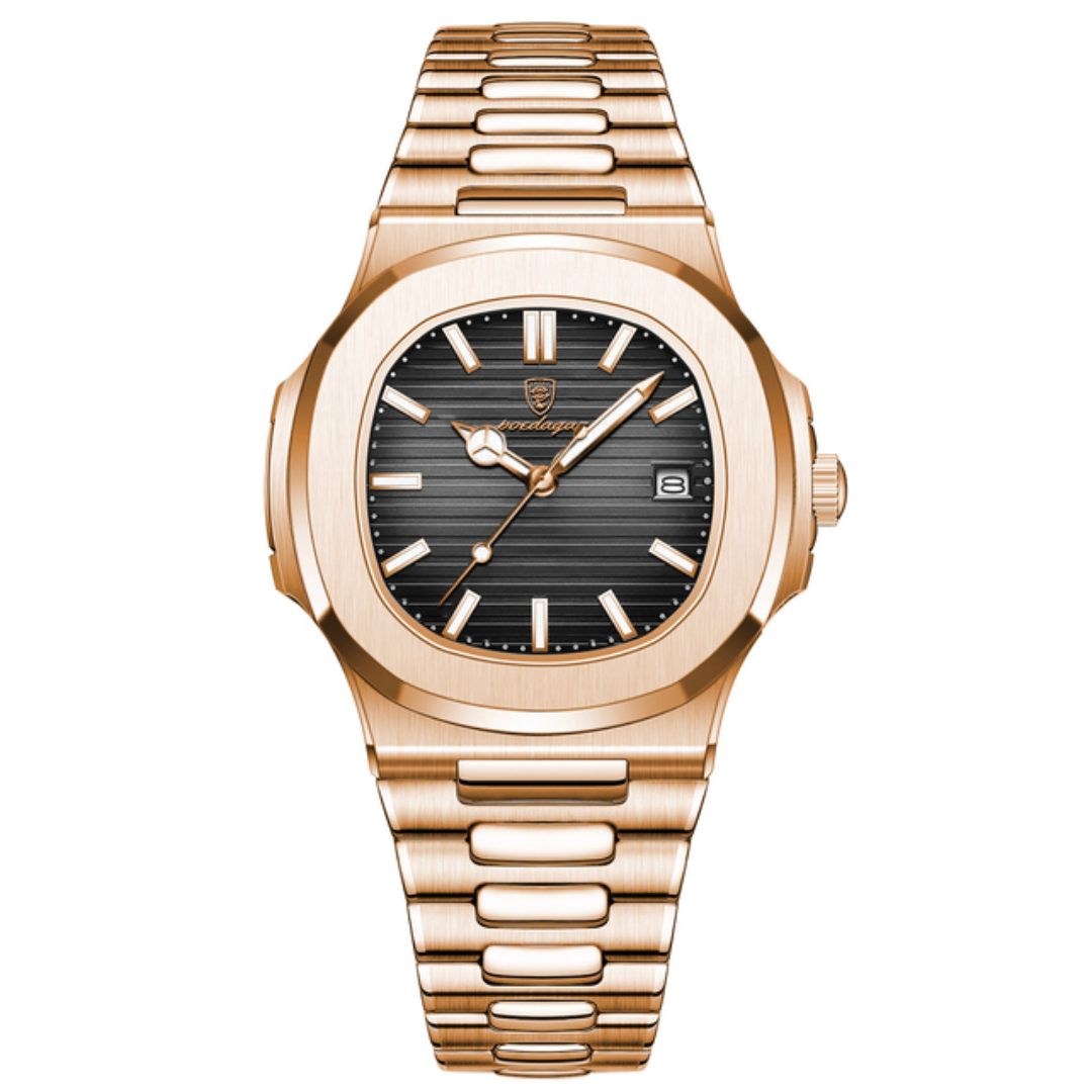 Poedagar Deluxe Men's Gold Watch | Leather Strap